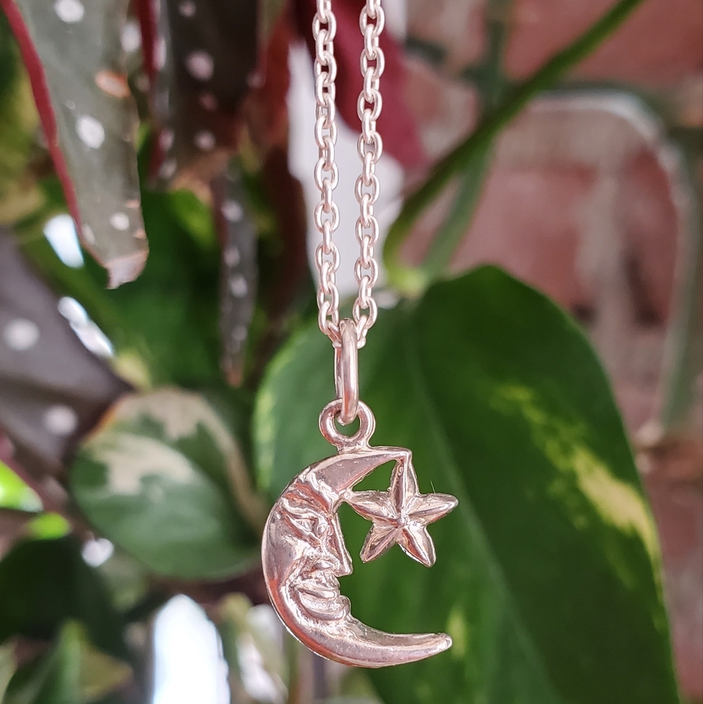 Crescent Moon and Star 925 Sterling Silver 14" Minimalist Necklace